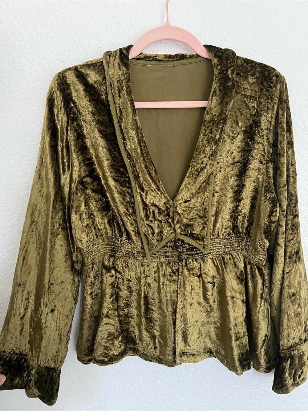 Olive Green Velvet V-Neck Blouse with Smocked Waist